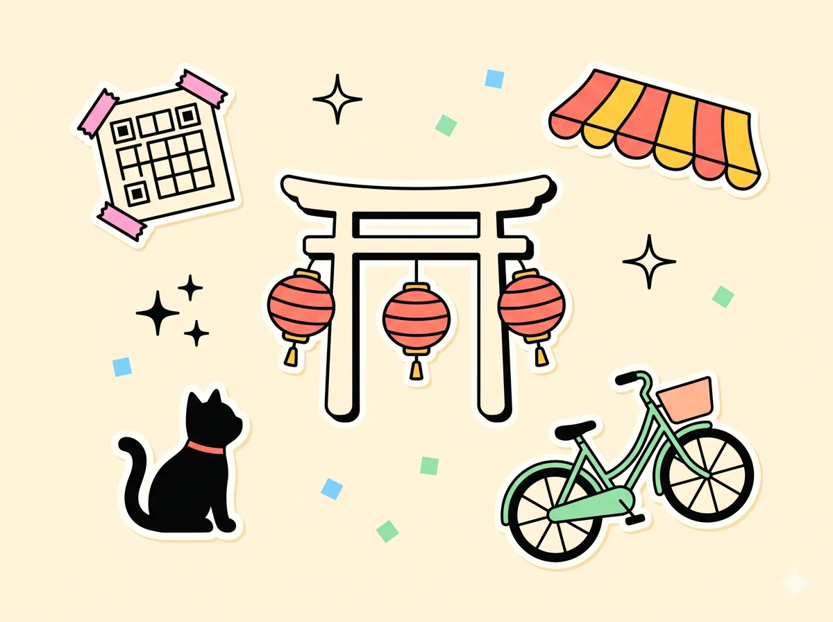 鳥居と提灯が並ぶ商店街のイラスト