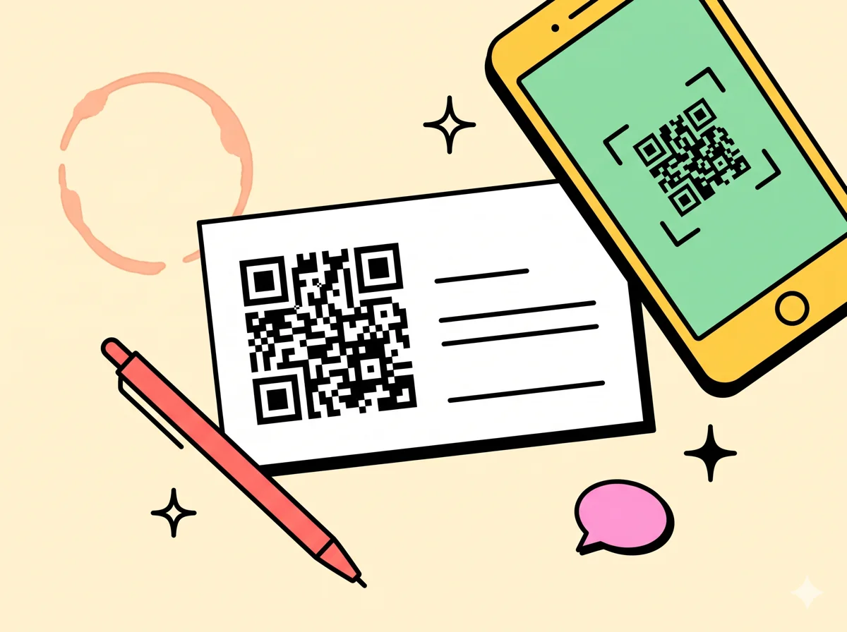名刺と QR コード、スマートフォンのフラットレイ